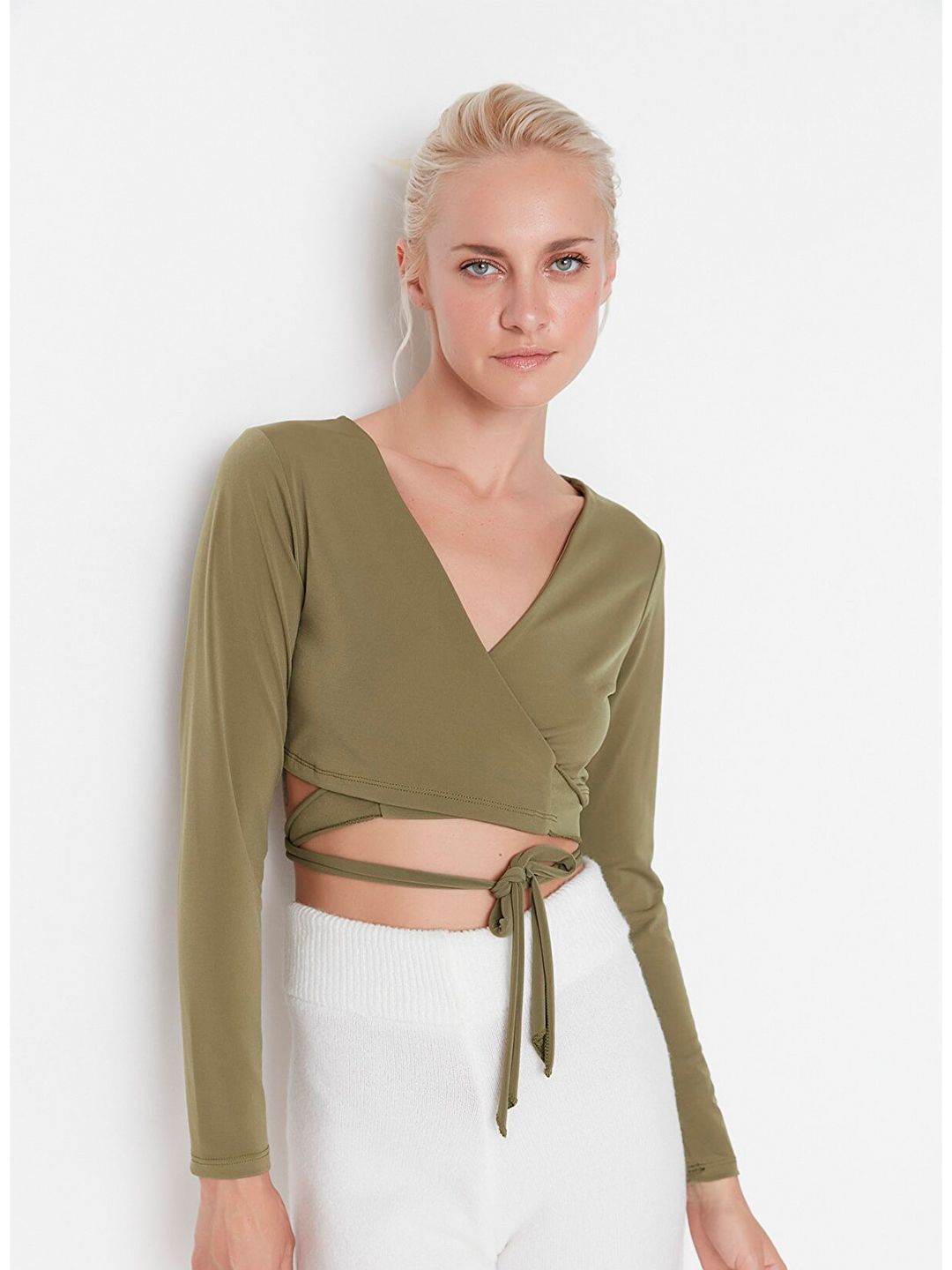 Trendyol Khaki Solid Wrap Crop Top Price in India