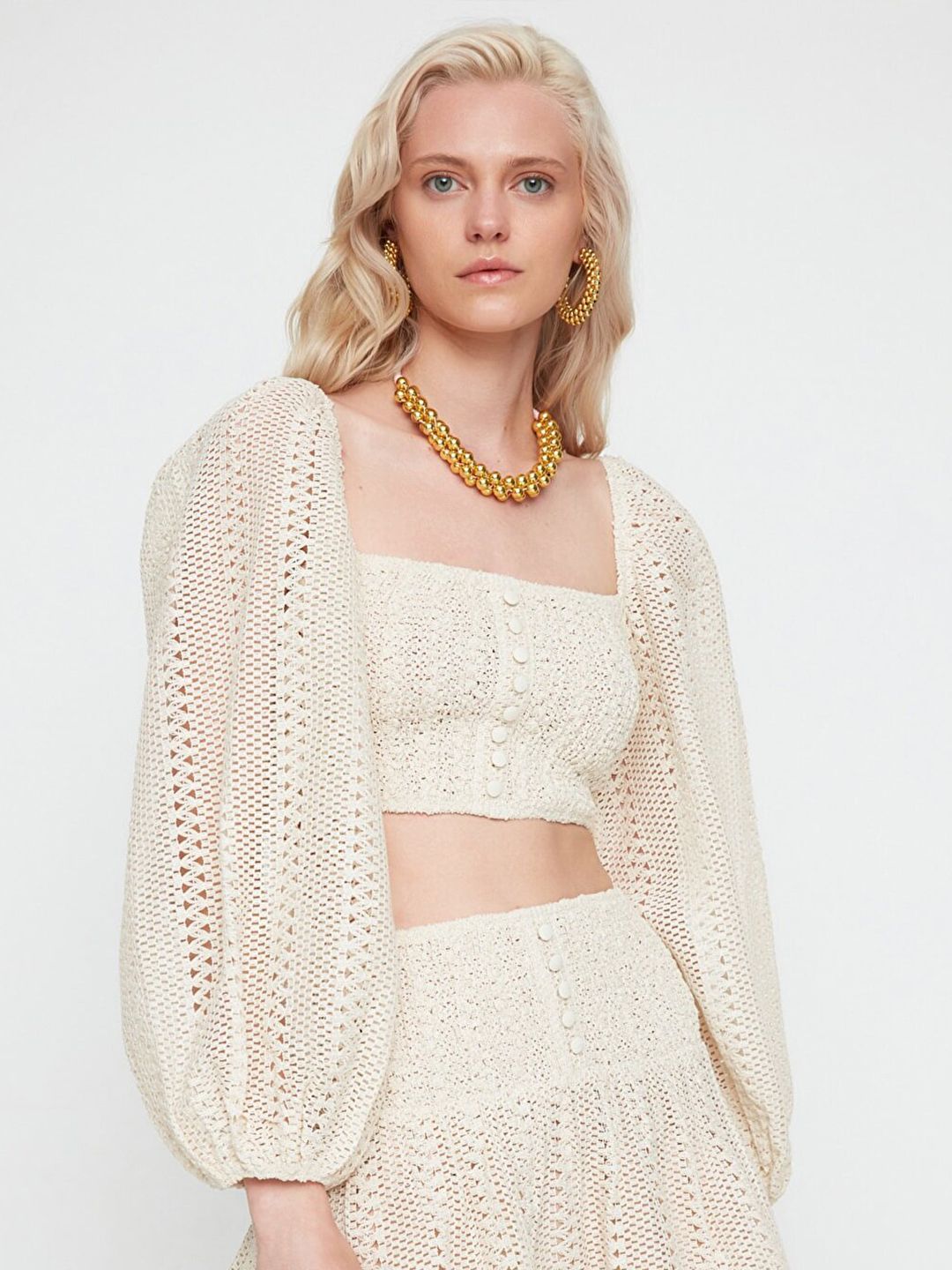 Trendyol Beige Geometric Crochet Top
