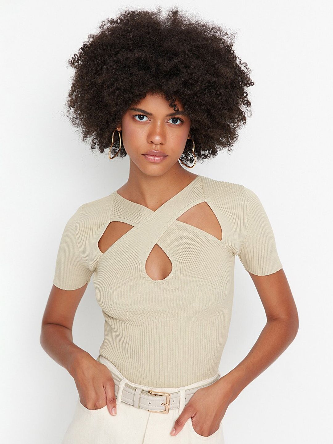 Trendyol Beige Keyhole Neck Knitted Cut Out Top Price in India