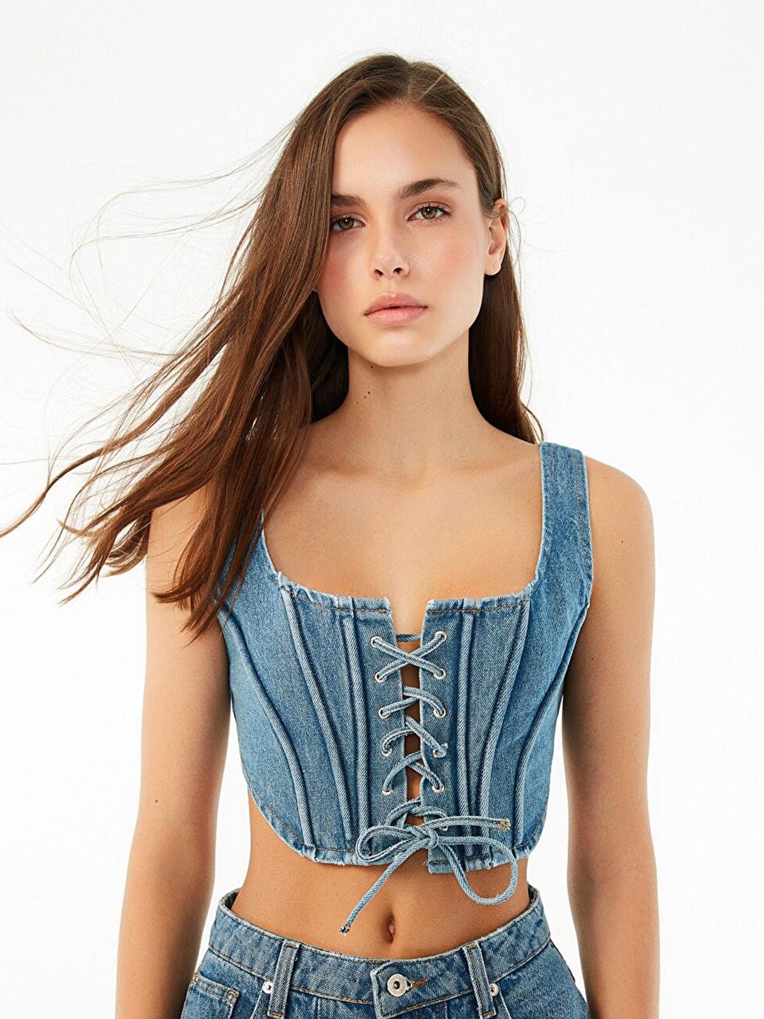 Trendyol Blue Square Neck Denim Crop Top Price in India