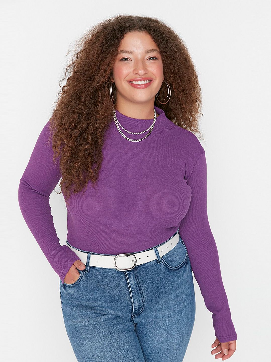 Trendyol Plus Size Women Purple Long Sleeves Top Price in India