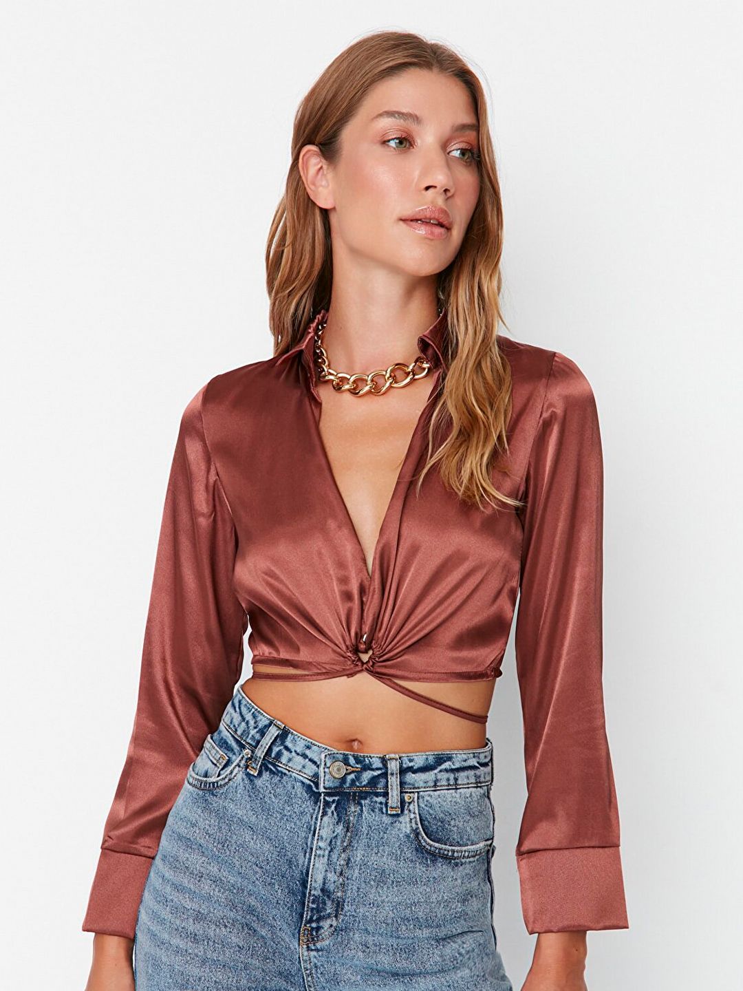 Trendyol Brown Solid Wrap Crop Top Price in India