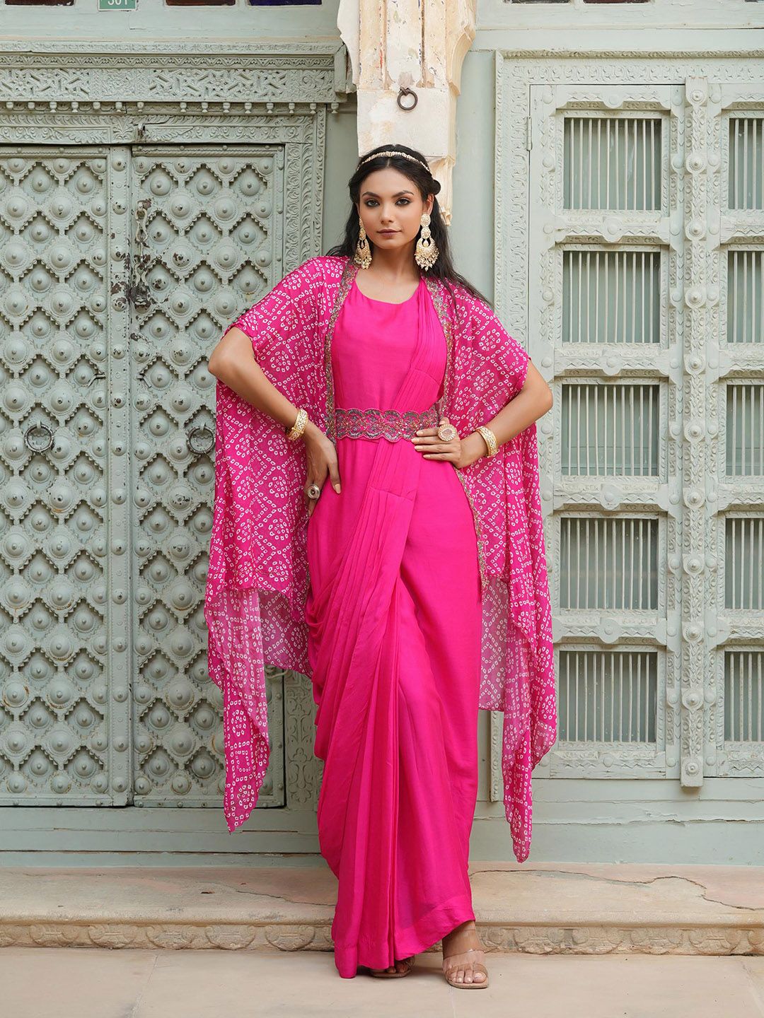 SCAKHI Pink And White Leheriya Beads And Stones Embellished Ready to Wear Leheriya Saree Price in India