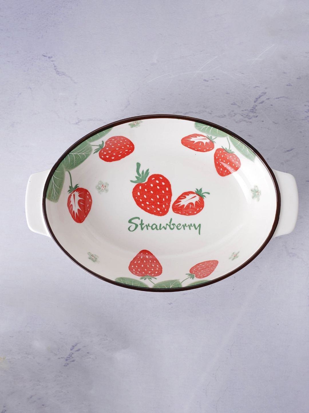 Nestasia White and Red Strawberry Printed Oval Bakeware Price in India
