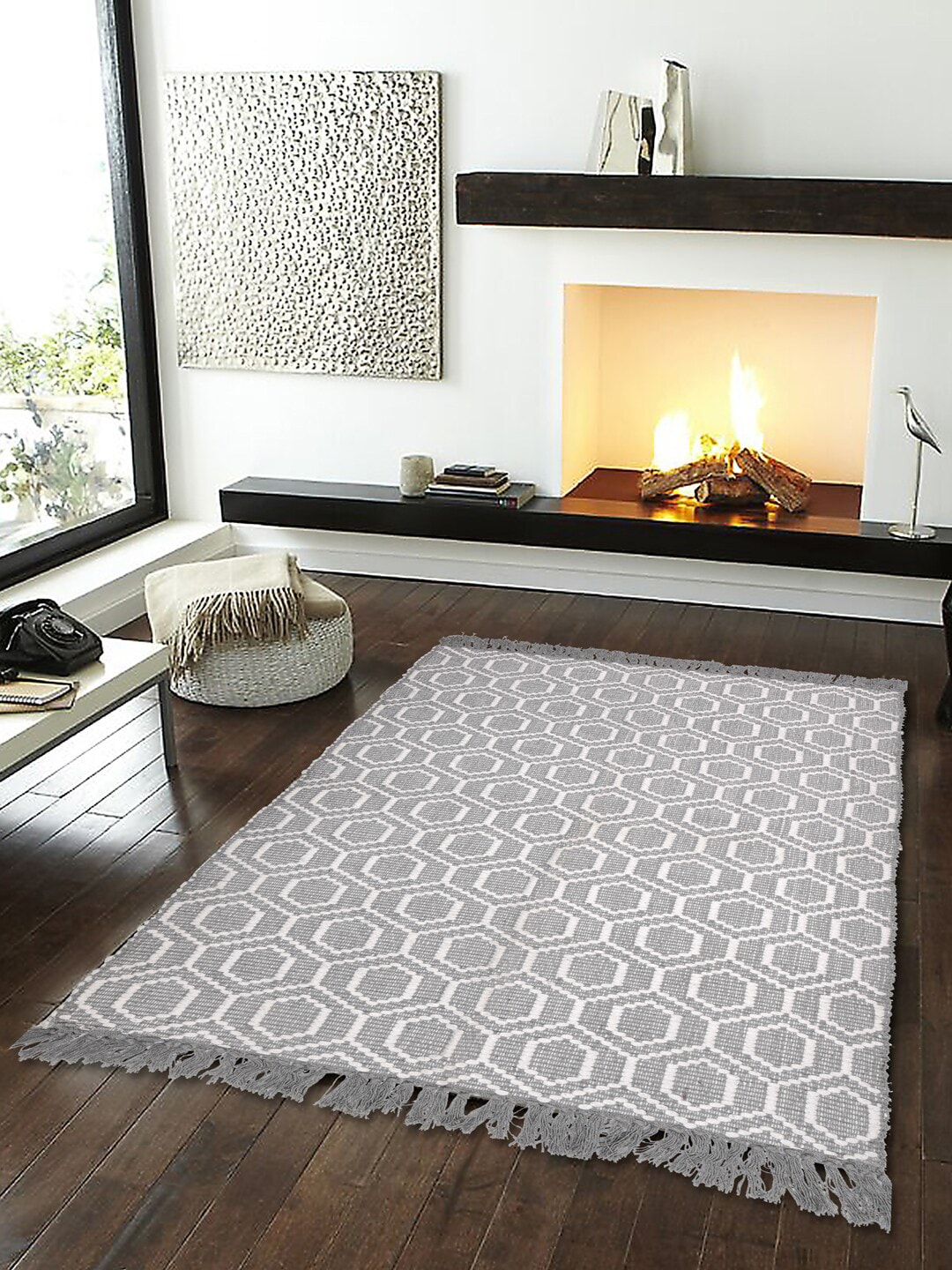 Gulaab Jaipur Grey & White Printed Cotton Rectangular Carpet Price in India