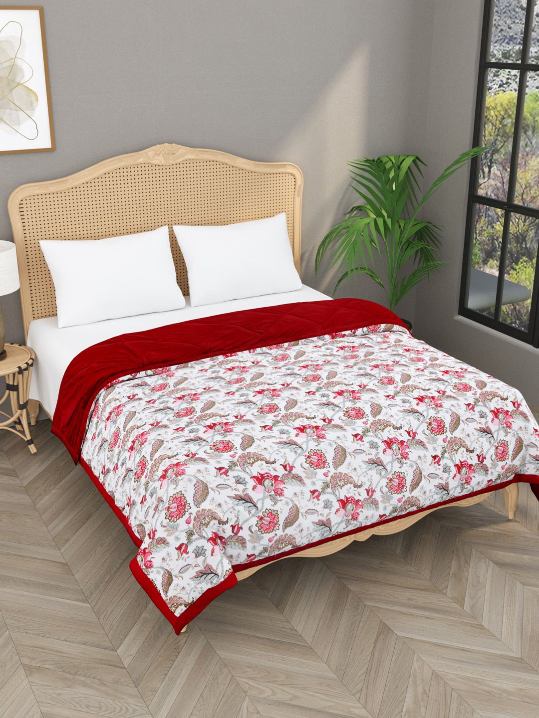 Gulaab Jaipur 350GSM Maroon & White Floral Mild Winter Double Bed Comforter Price in India