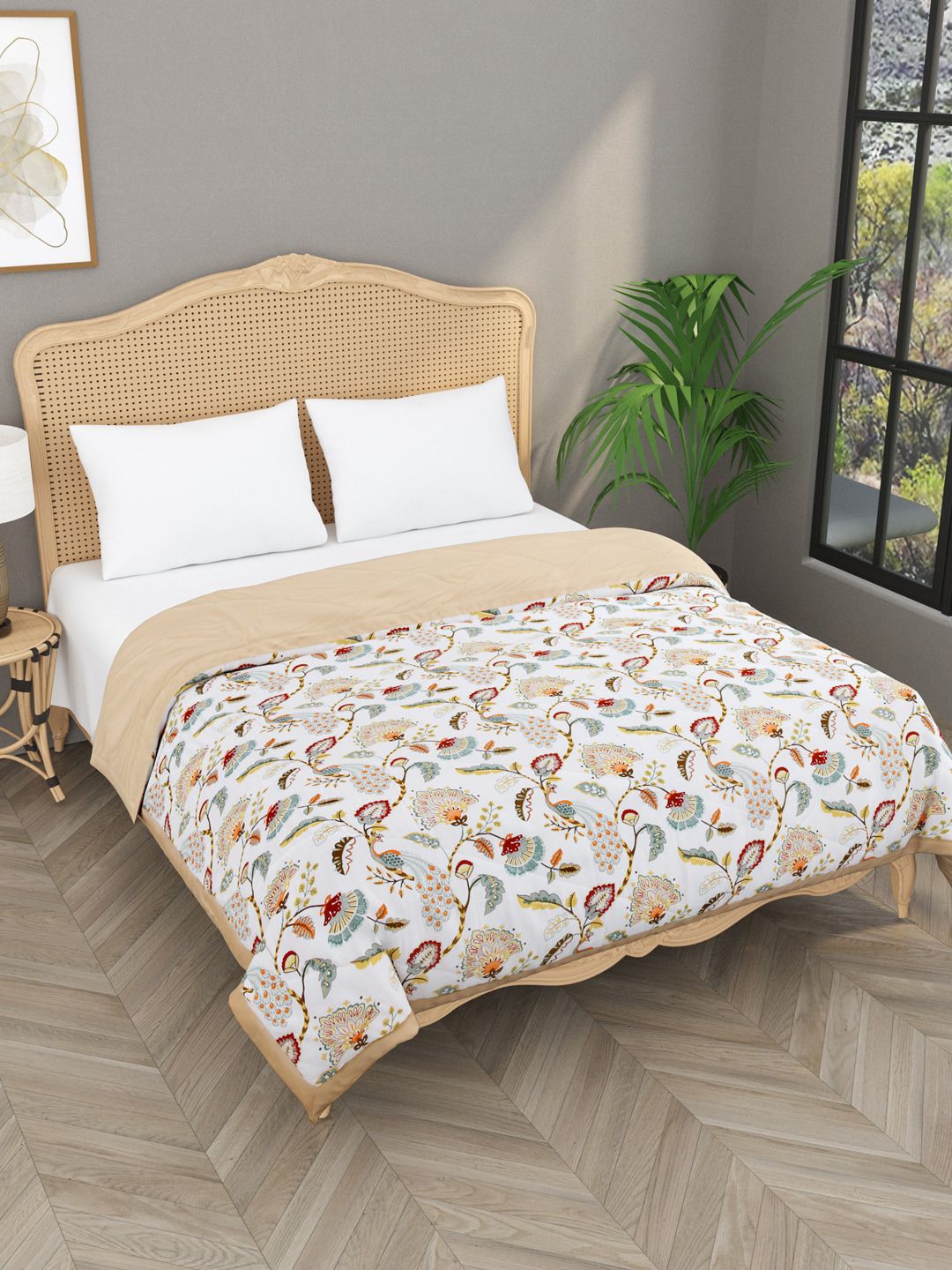 Gulaab Jaipur 350GSM White & Beige Floral Mild Winter Double Bed Comforter Price in India