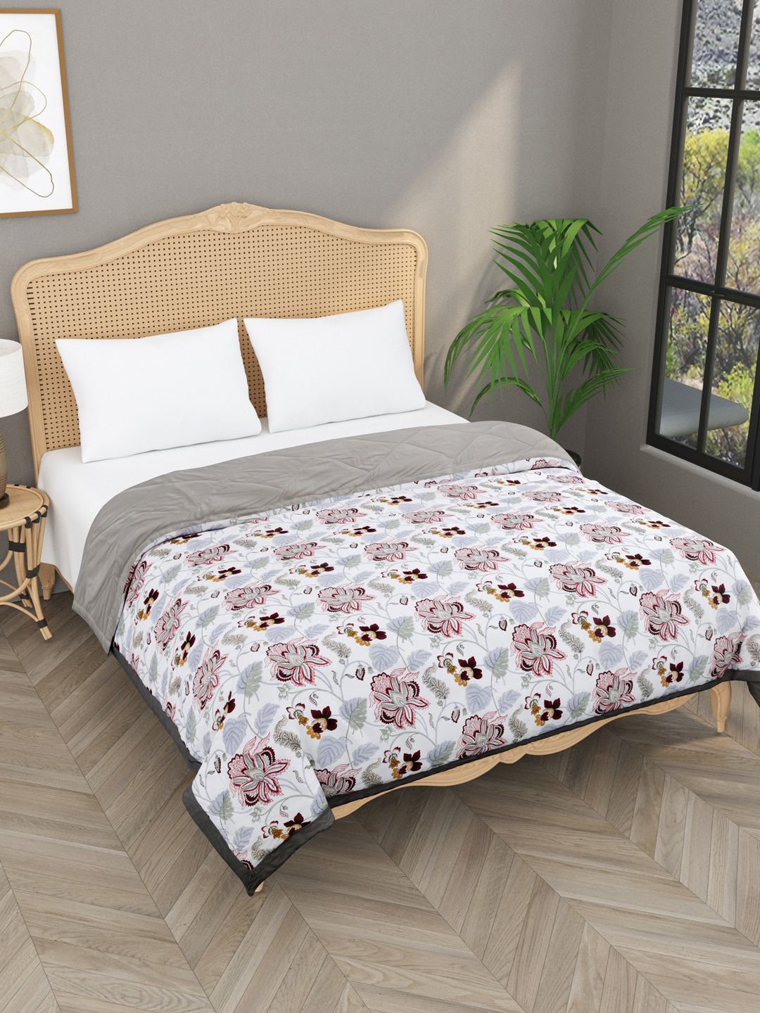 Gulaab Jaipur 350GSM Grey & White Floral Mild Winter Double Bed Comforter Price in India