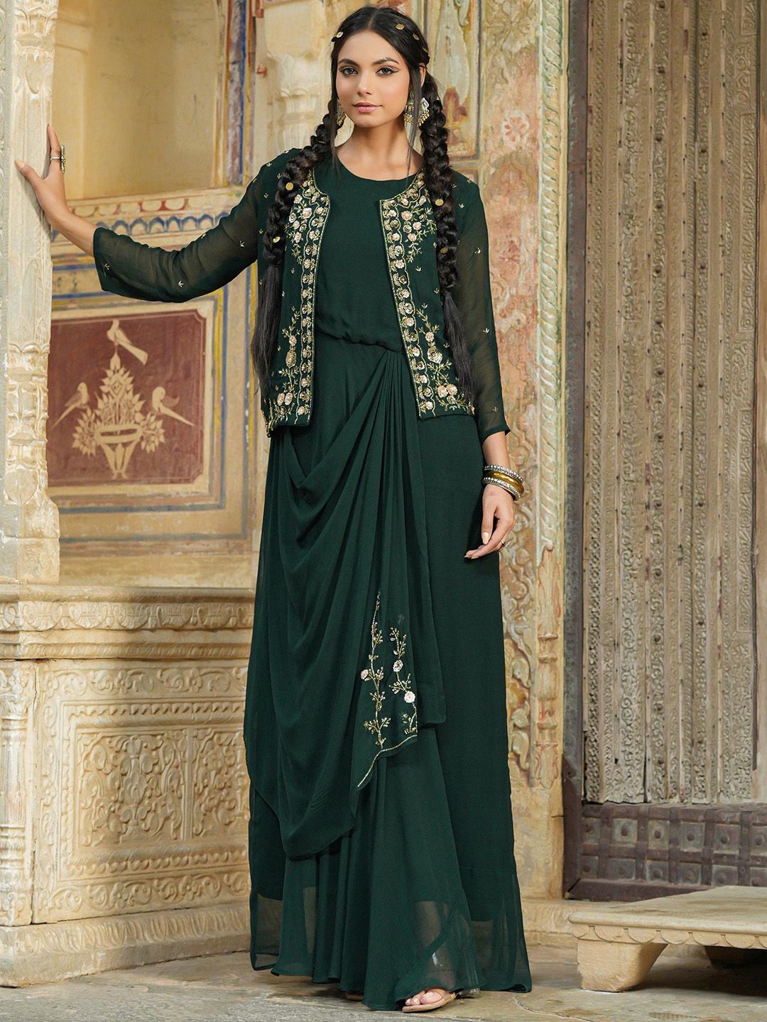 SCAKHI Women Green Embroidered Pleated Ethnic Dress Price in India