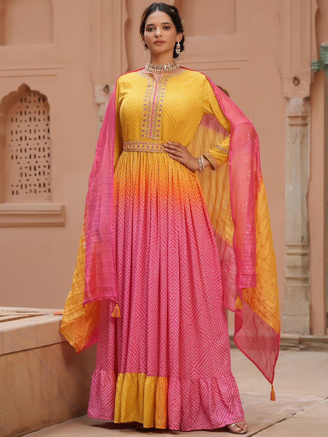 SCAKHI Yellow & Pink Silk Bandhani Printed Anarkali Dress With Belt And Dupatta Price in India