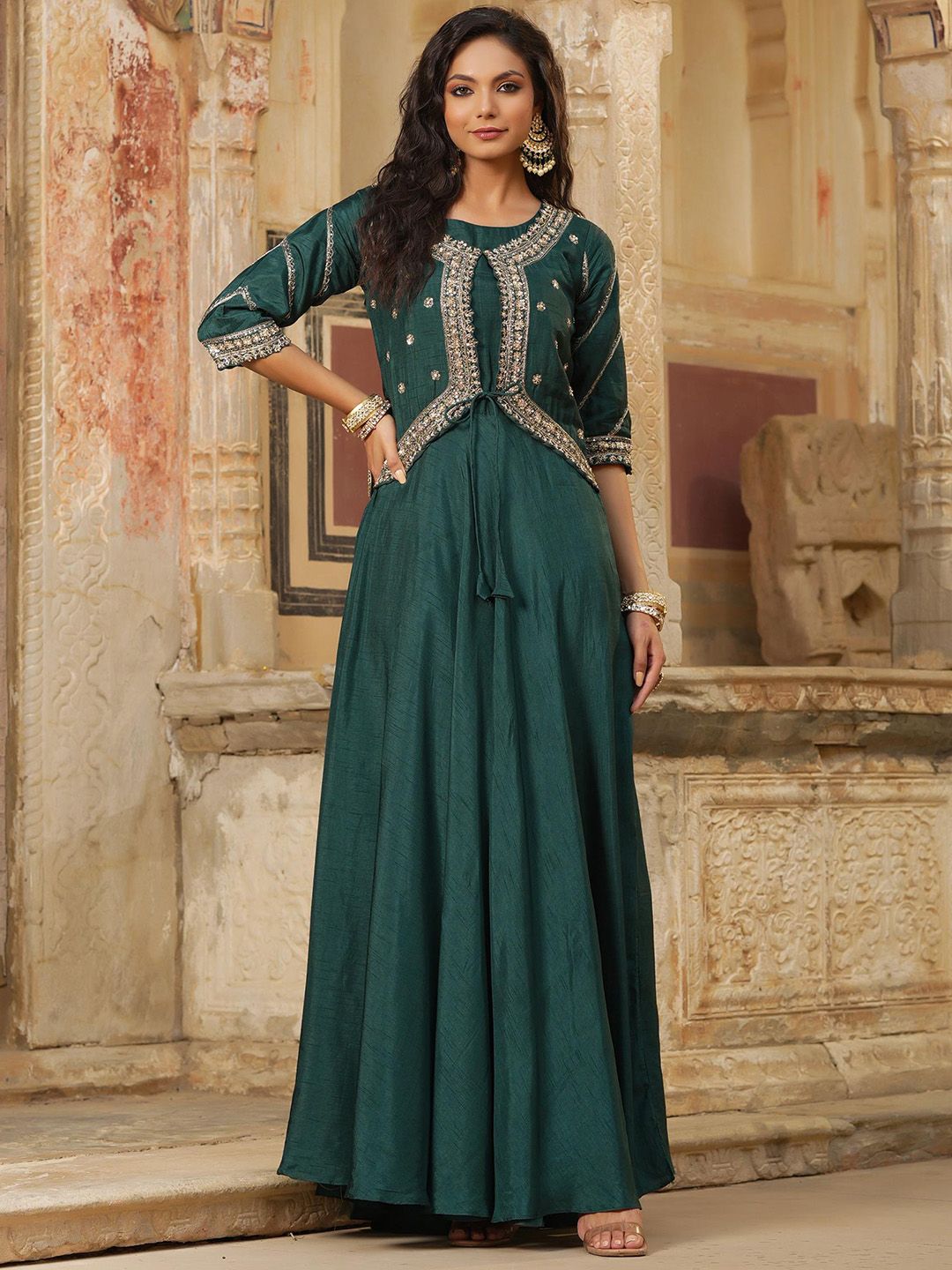 SCAKHI Women Green Embellished Flared Ethnic Dress Price in India
