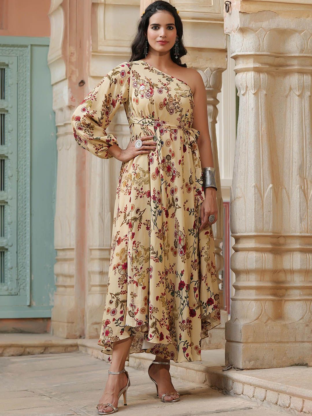 SCAKHI Women Beige & Red Printed Ethnic Dress Price in India