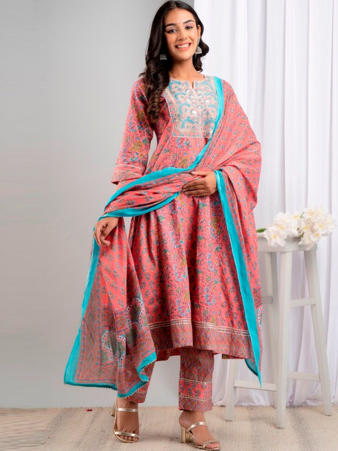 Fusion Threads Women Pink Floral Printed Mirror Work Pure Cotton Kurta &Trouser & Dupatta Price in India