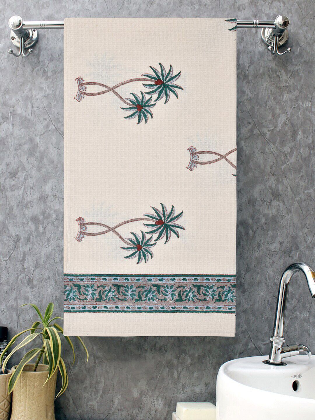 Gulaab Jaipur White & Green Printed 400 GSM Organic Cotton Bath Towel Price in India