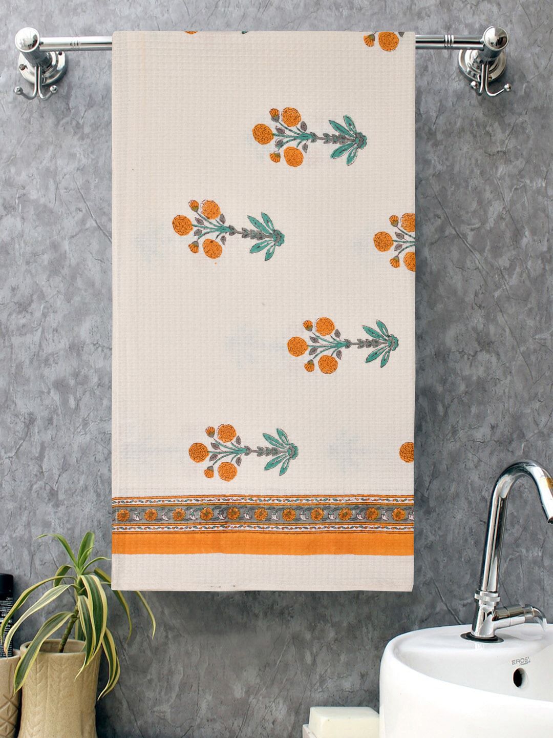 Gulaab Jaipur White & Orange Printed 400 GSM Organic Cotton Bath Towel Price in India