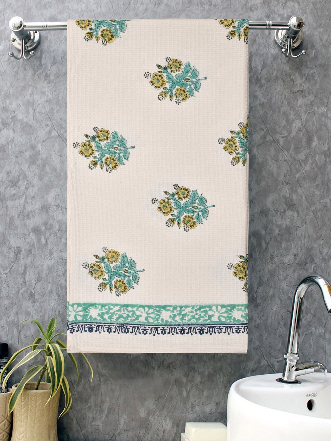 Gulaab Jaipur Cream & Blue Floral Printed 400 GSM Organic Cotton Bath Towel Price in India