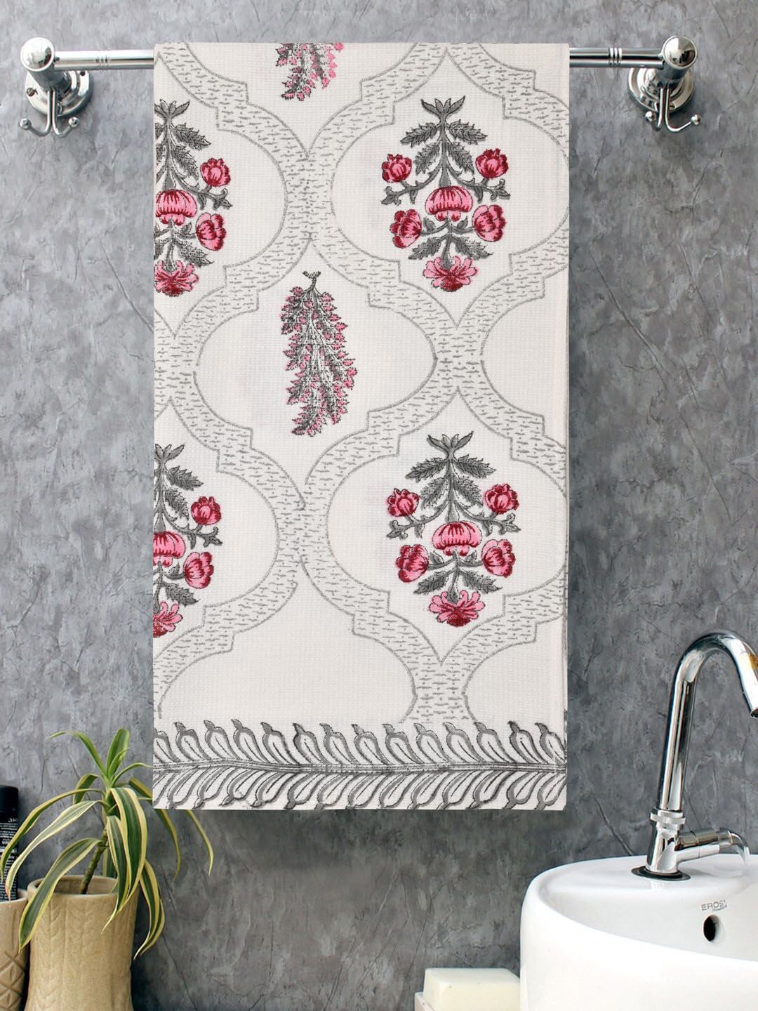 Gulaab White & Pink Printed 400 GSM Organic Cotton Bath Towel Price in India