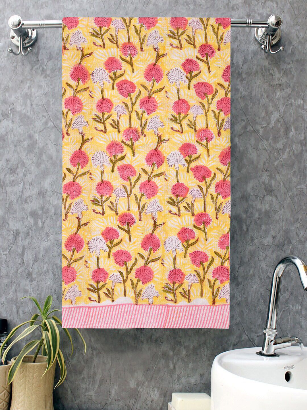 Gulaab Jaipur Yellow & Pink Printed 400 GSM Organic Cotton Bath Towel Price in India