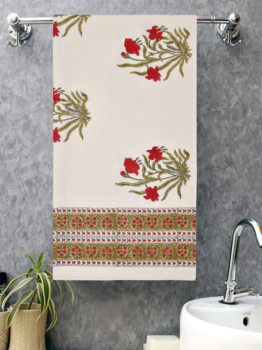 Gulaab Jaipur White & Red Printed 400 GSM Organic Cotton Bath Towel Price in India