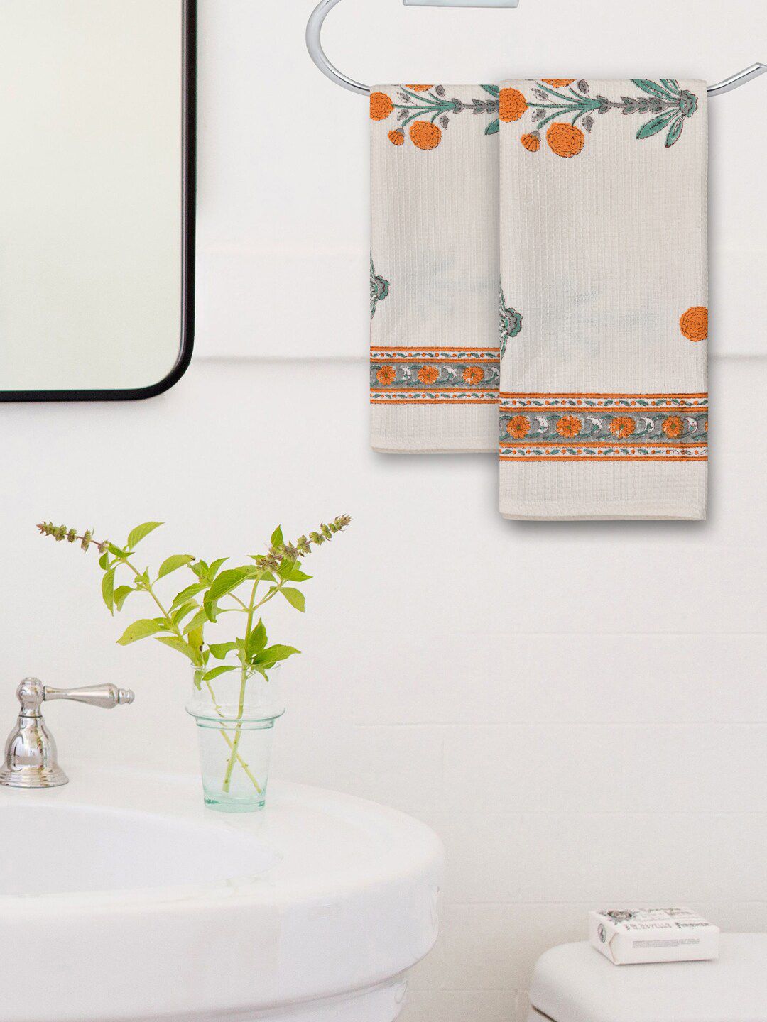 Gulaab Jaipur Set of 2 White & Orange Printed 400 GSM Organic Cotton Hand Towels Price in India