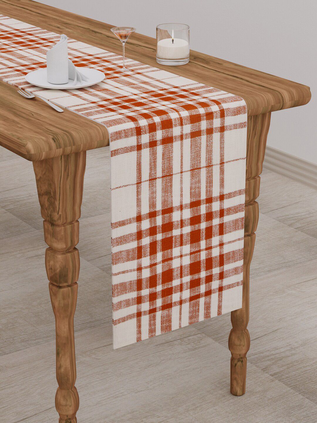Gulaab Jaipur White & Rust Checked Pure Cotton Rectangle Table Runners Price in India