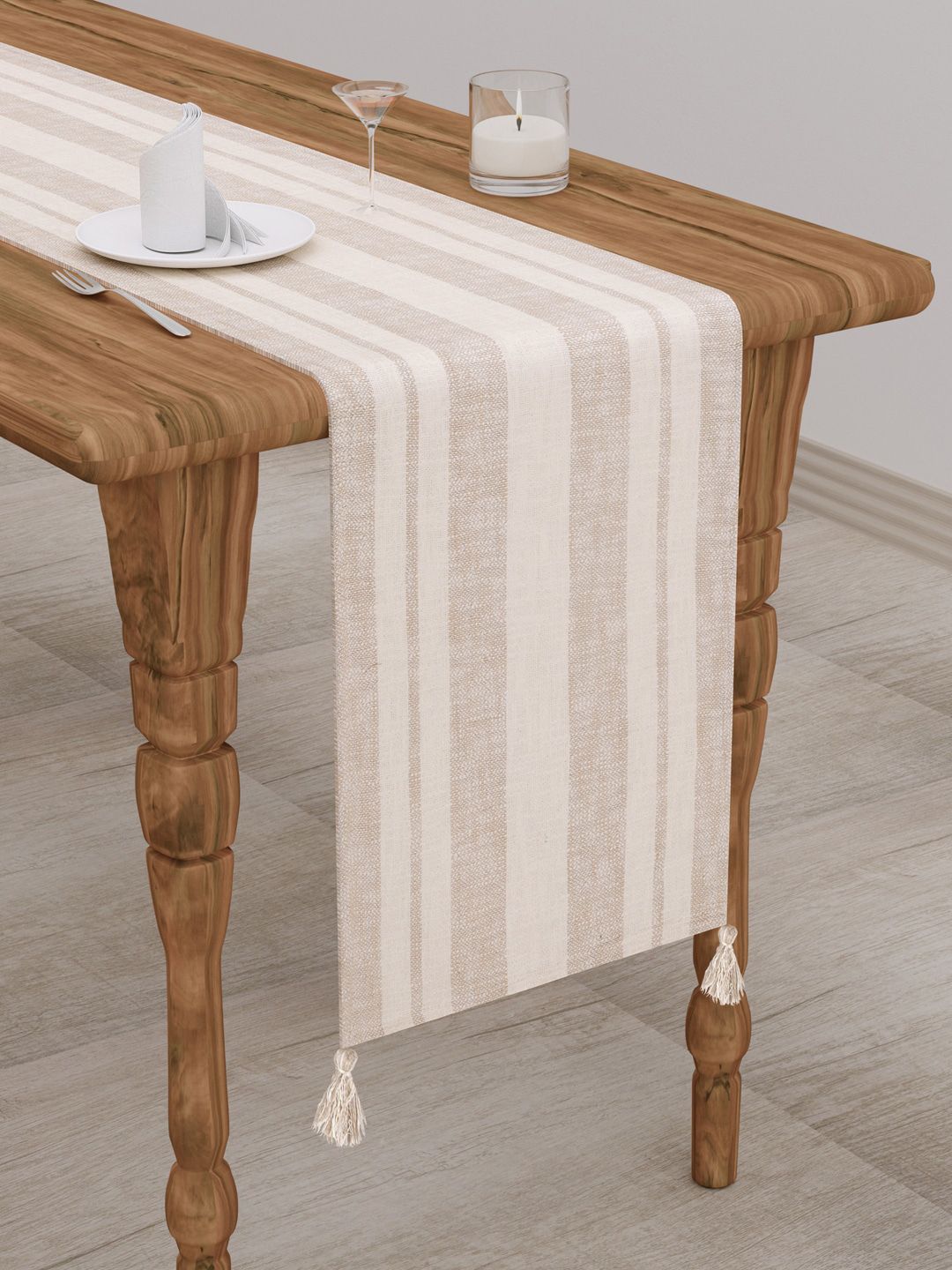 Gulaab Jaipur Beige Striped Pure Cotton Table Runner Price in India