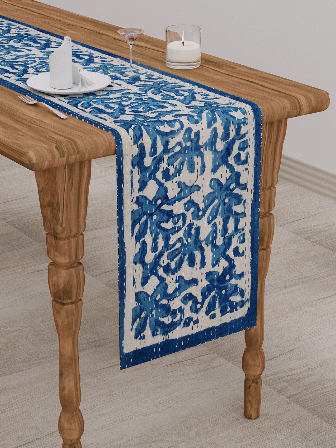 Gulaab Jaipur Off-White & Blue Printed Pure Cotton Table Runner Price in India