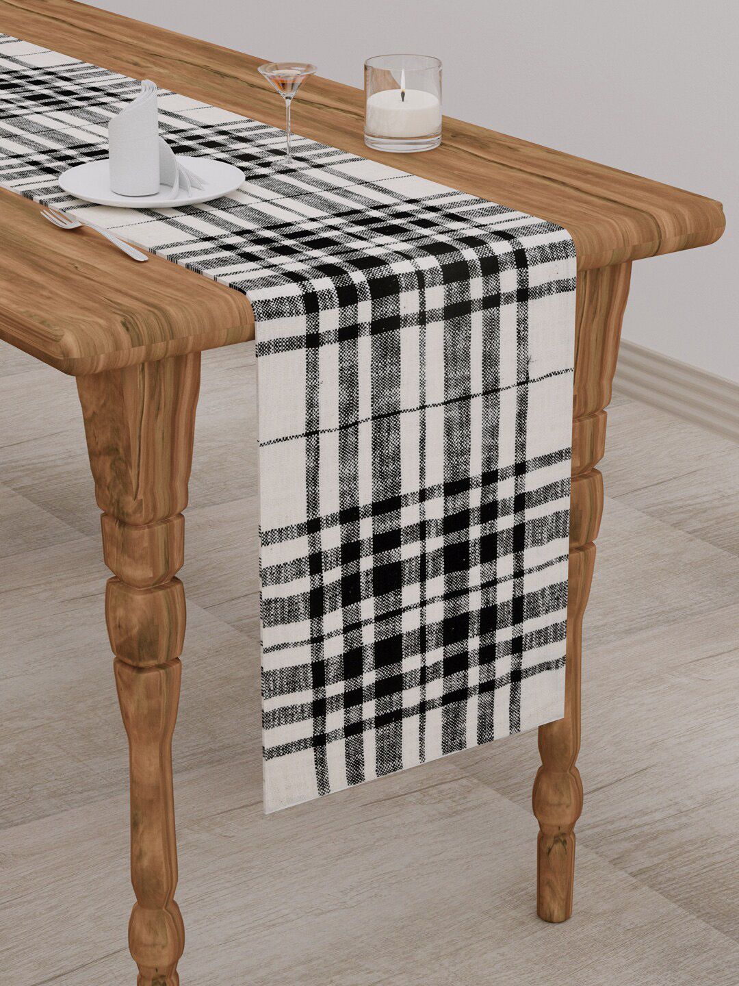 Gulaab Jaipur Black & Off White Checked Rectangle Table Runners Price in India