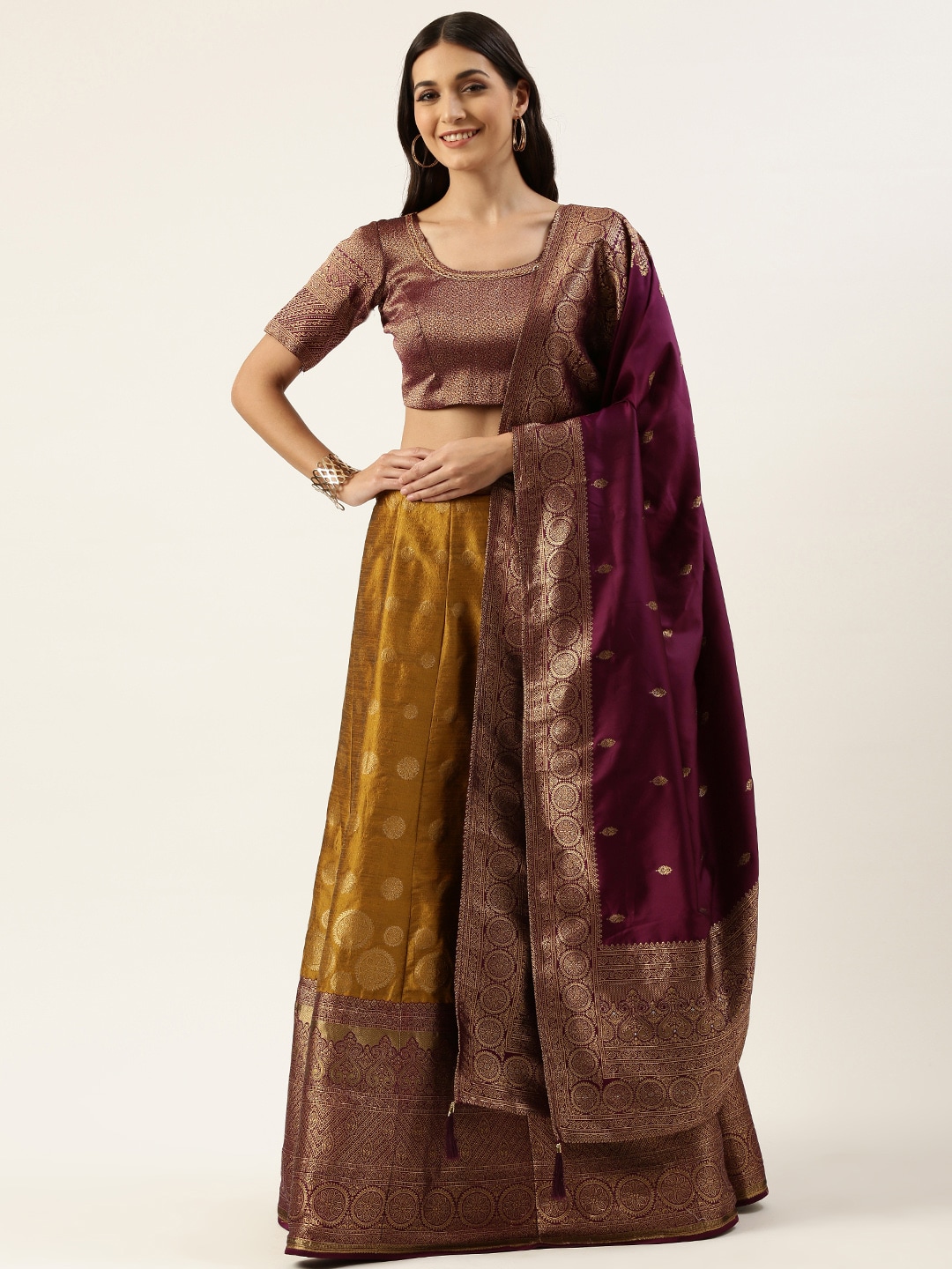 Pothys Mustard & Purple Unstitched Lehenga & Blouse With Dupatta Price in India