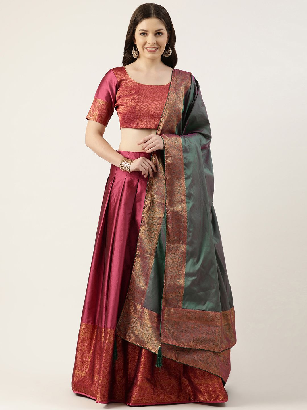 Pothys Maroon & Green Unstitched Lehenga & Blouse With Dupatta Price in India