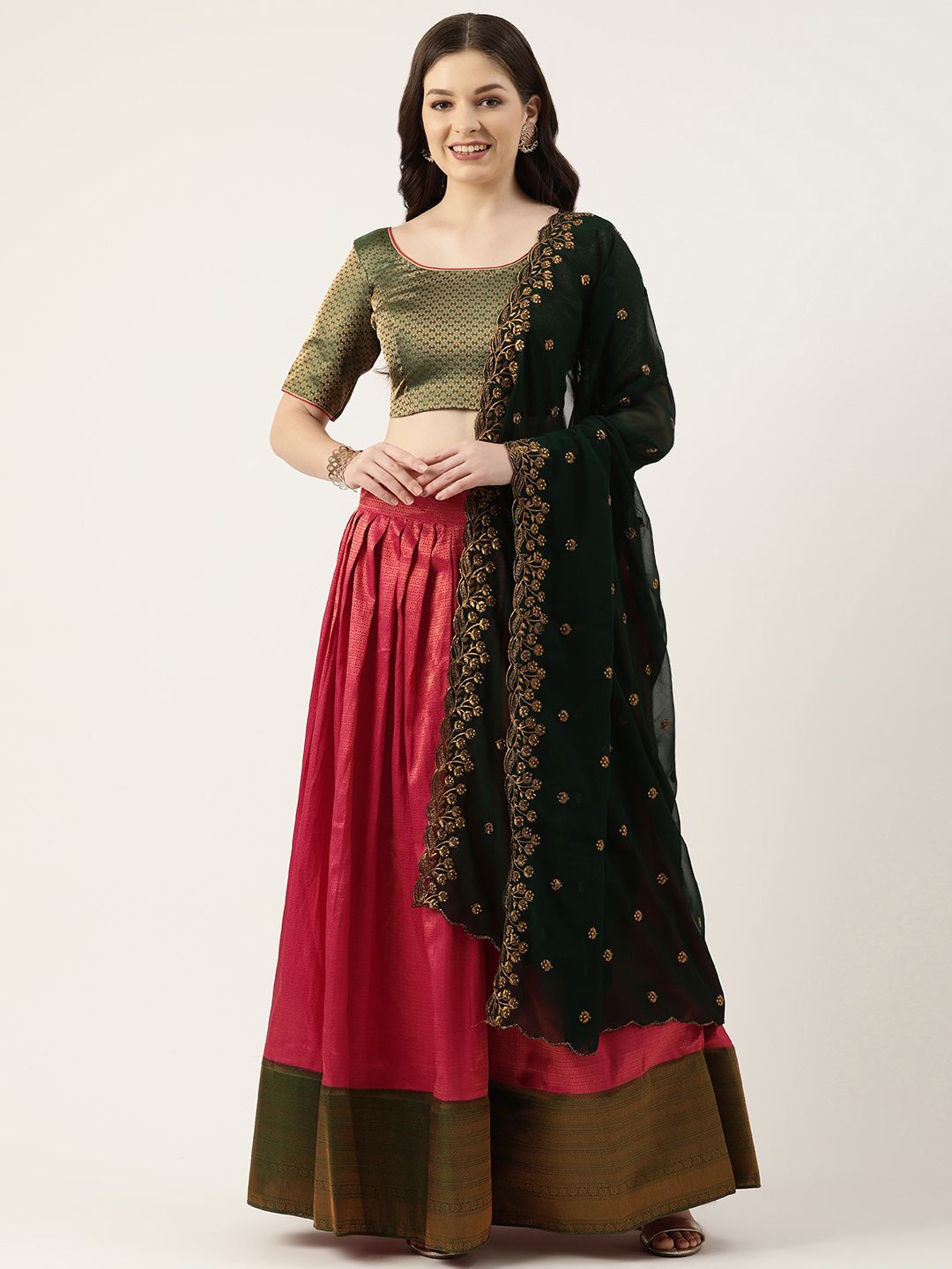 Pothys Pink & Green Unstitched Lehenga & Blouse With Dupatta Price in India