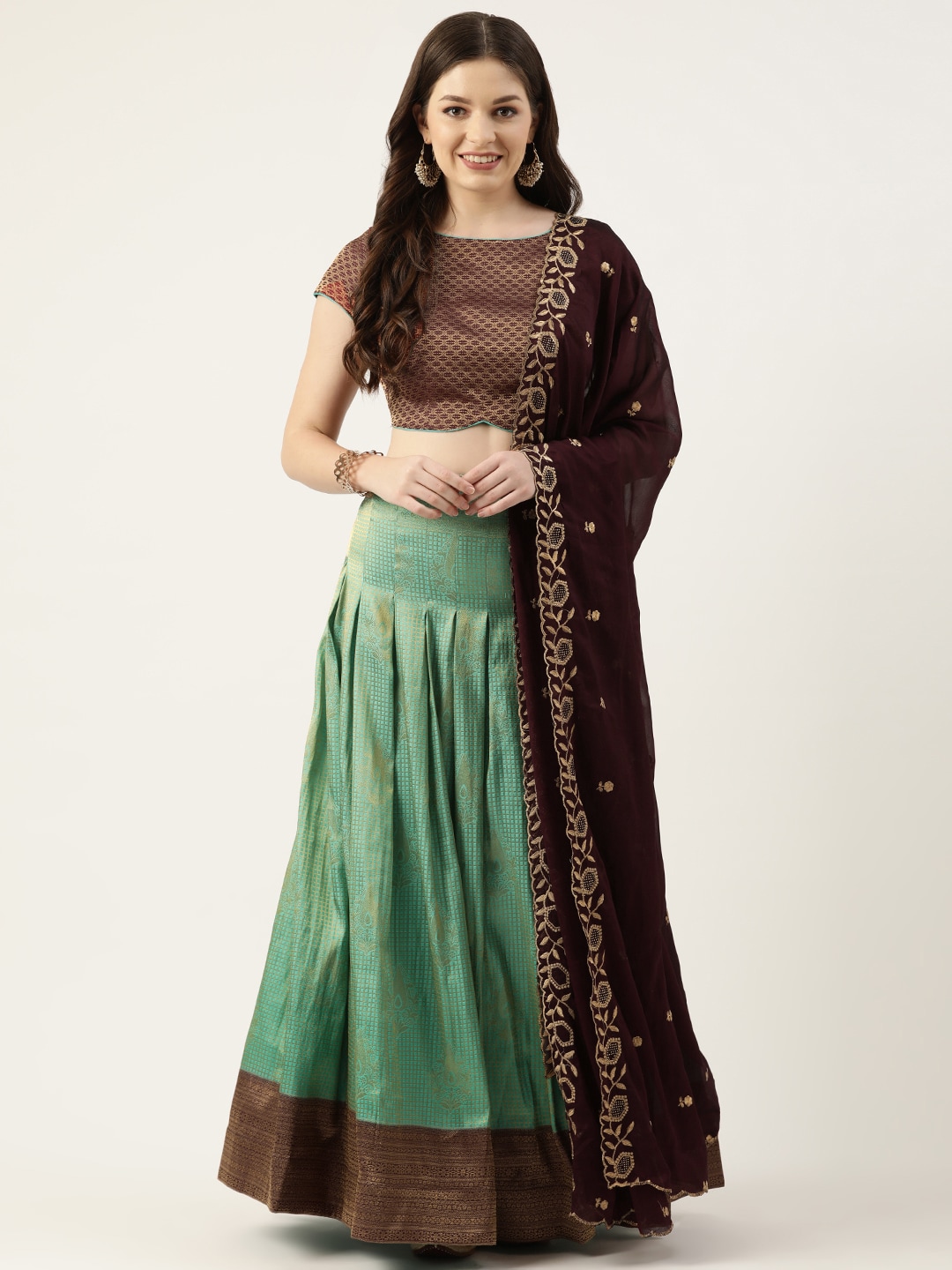 Pothys Green & Red Unstitched Lehenga & Blouse With Dupatta Price in India