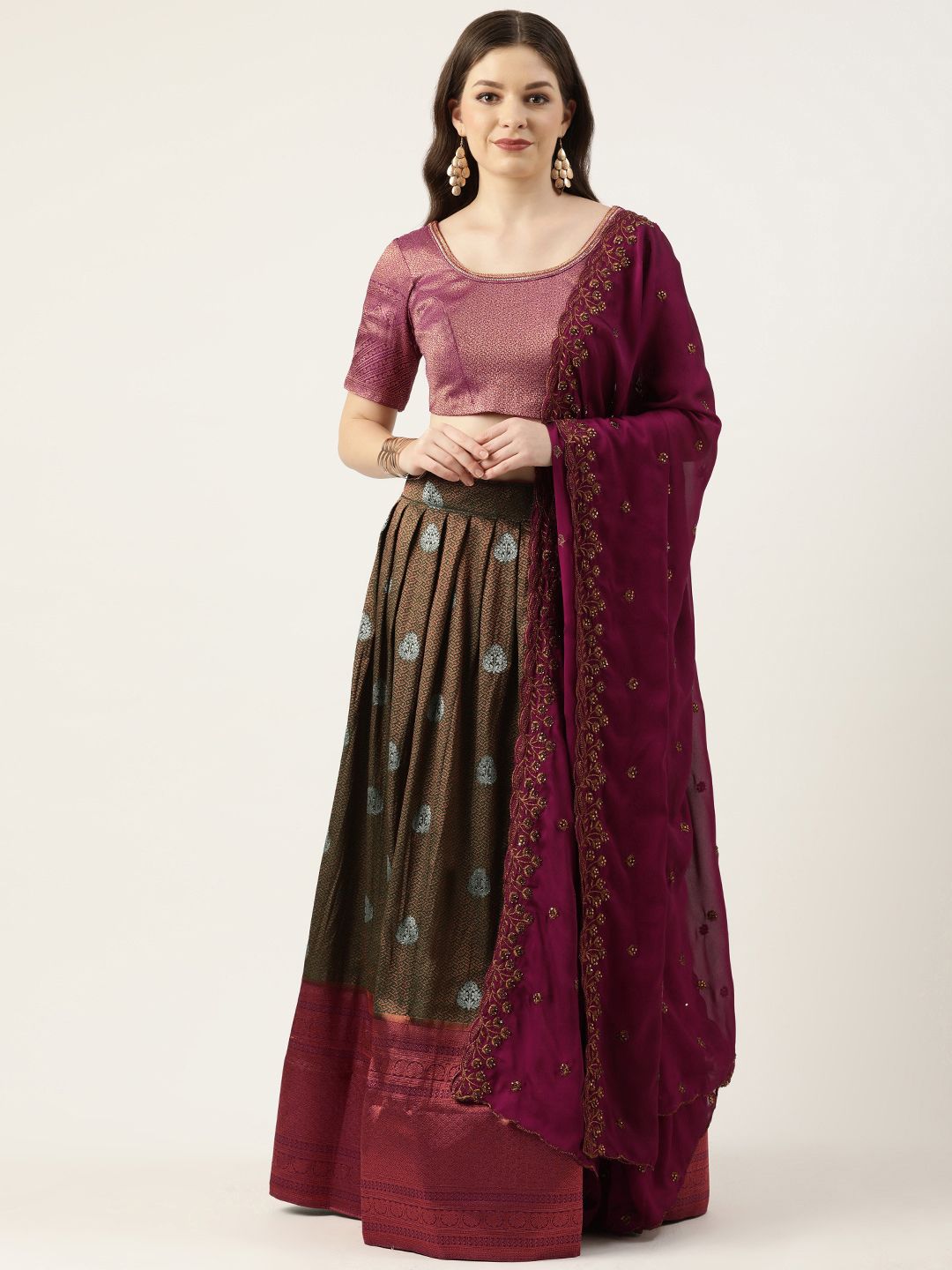 Pothys Green & Purple Thread Work Unstitched Lehenga & Blouse With Dupatta Price in India