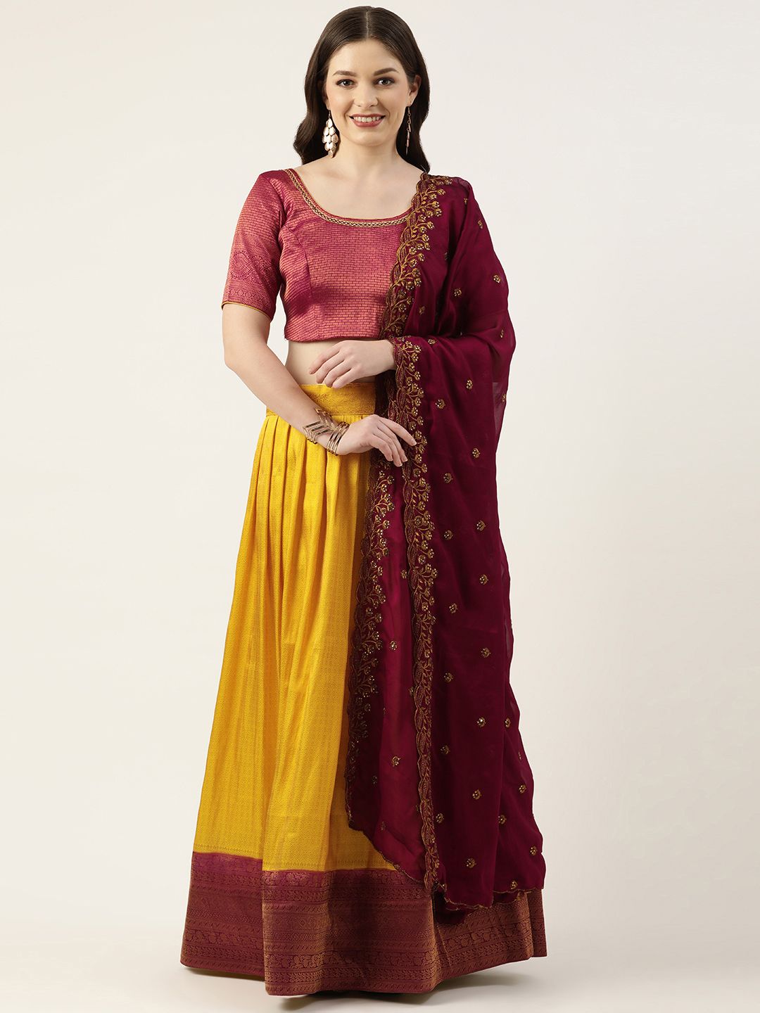 Pothys Yellow & Magenta Unstitched Lehenga & Blouse With Dupatta Price in India