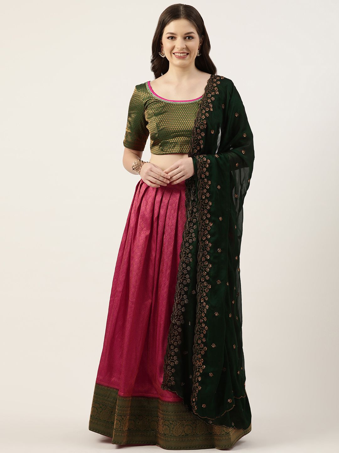 Pothys Pink & Green Thread Work Unstitched Lehenga & Blouse With Dupatta Price in India