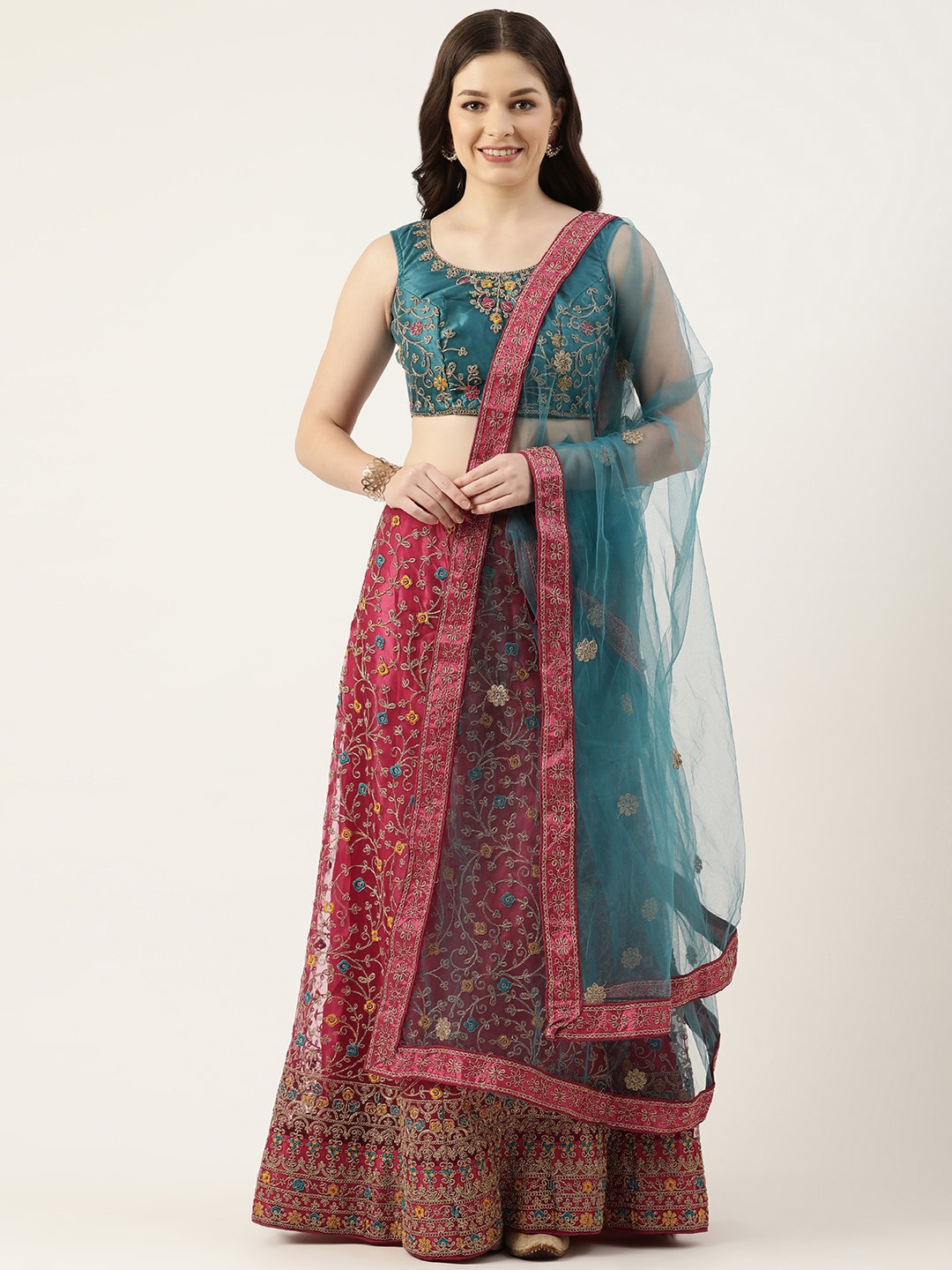 Pothys Pink & Turquoise Blue Embroidered Thread Work Unstitched Lehenga & Blouse With Dupatta Price in India