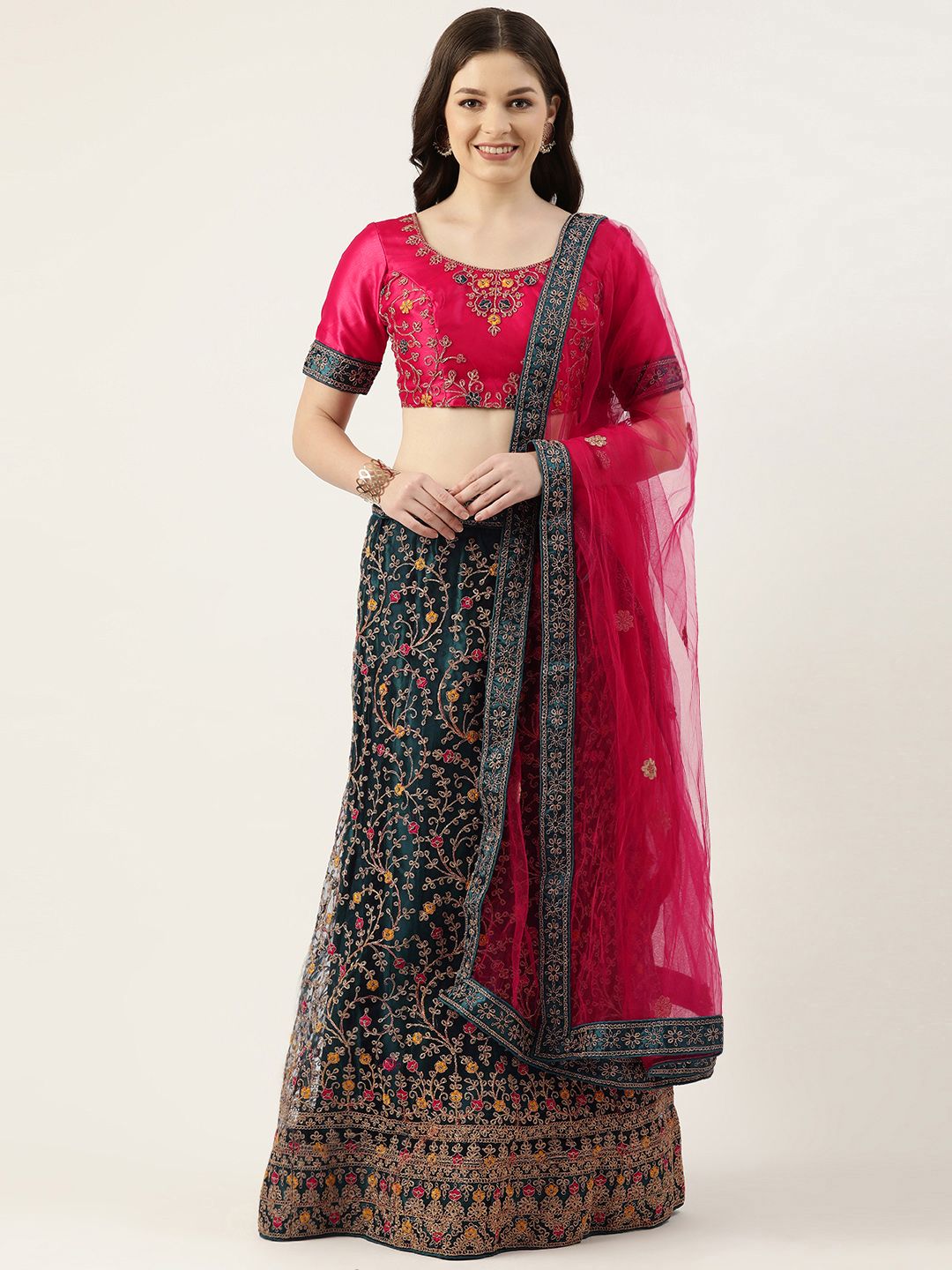 Pothys Red & Teal Thread Work Unstitched Lehenga & Blouse With Dupatta Price in India