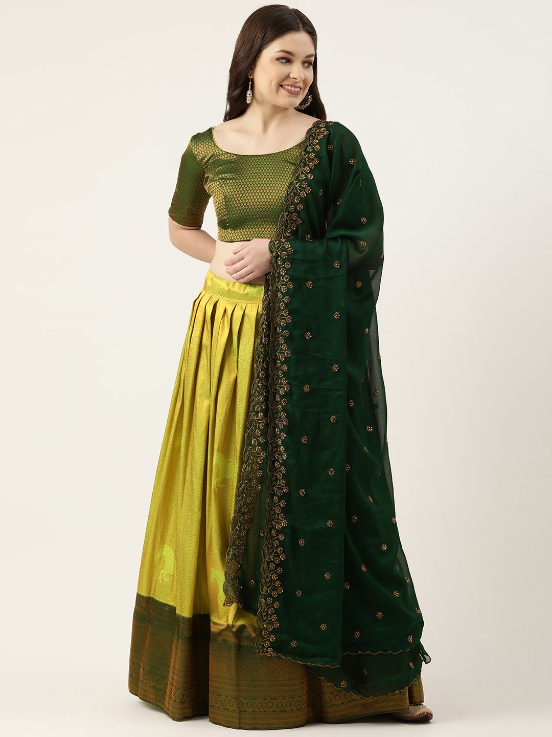 Pothys Green Unstitched Lehenga & Blouse With Dupatta Price in India