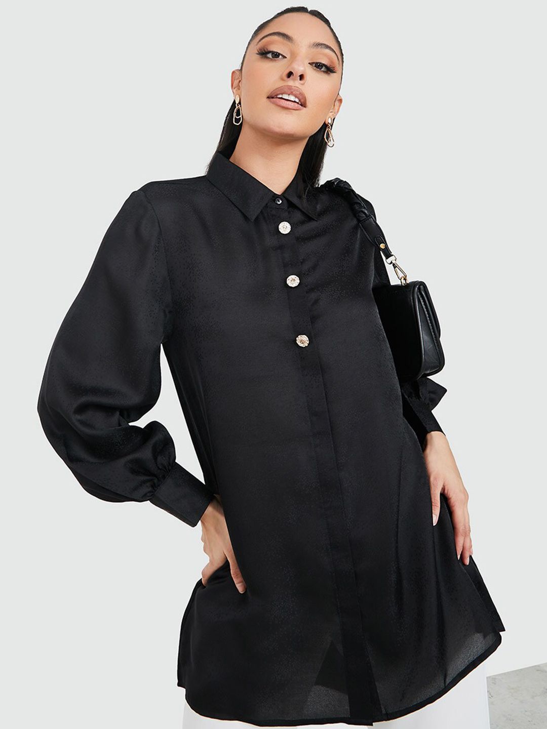 Styli Black Mandarin Collar Top Price in India