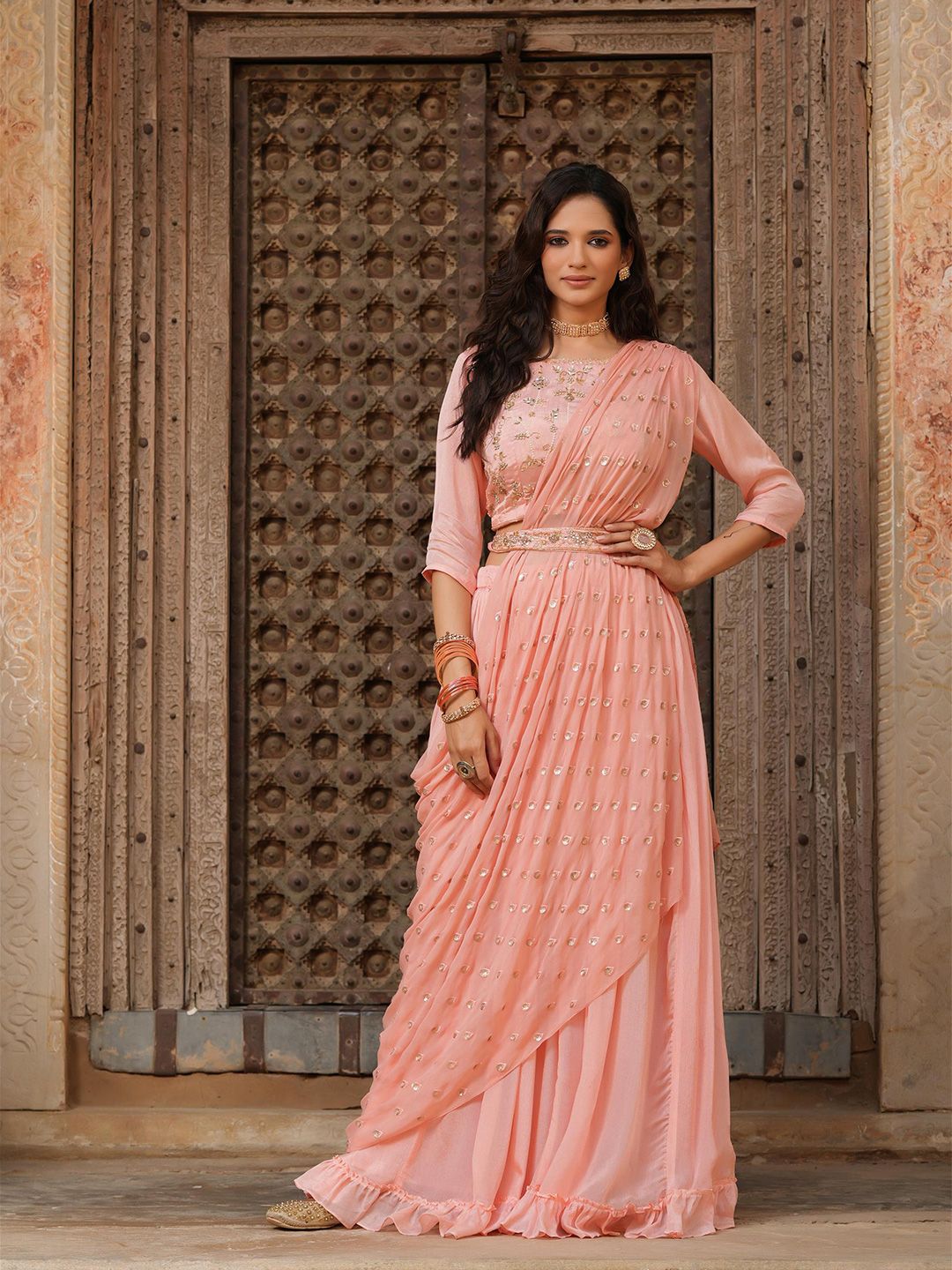 SCAKHI Peach Coloured Embellished Mirror Work Lehenga And Blouse With Dupatta Price in India