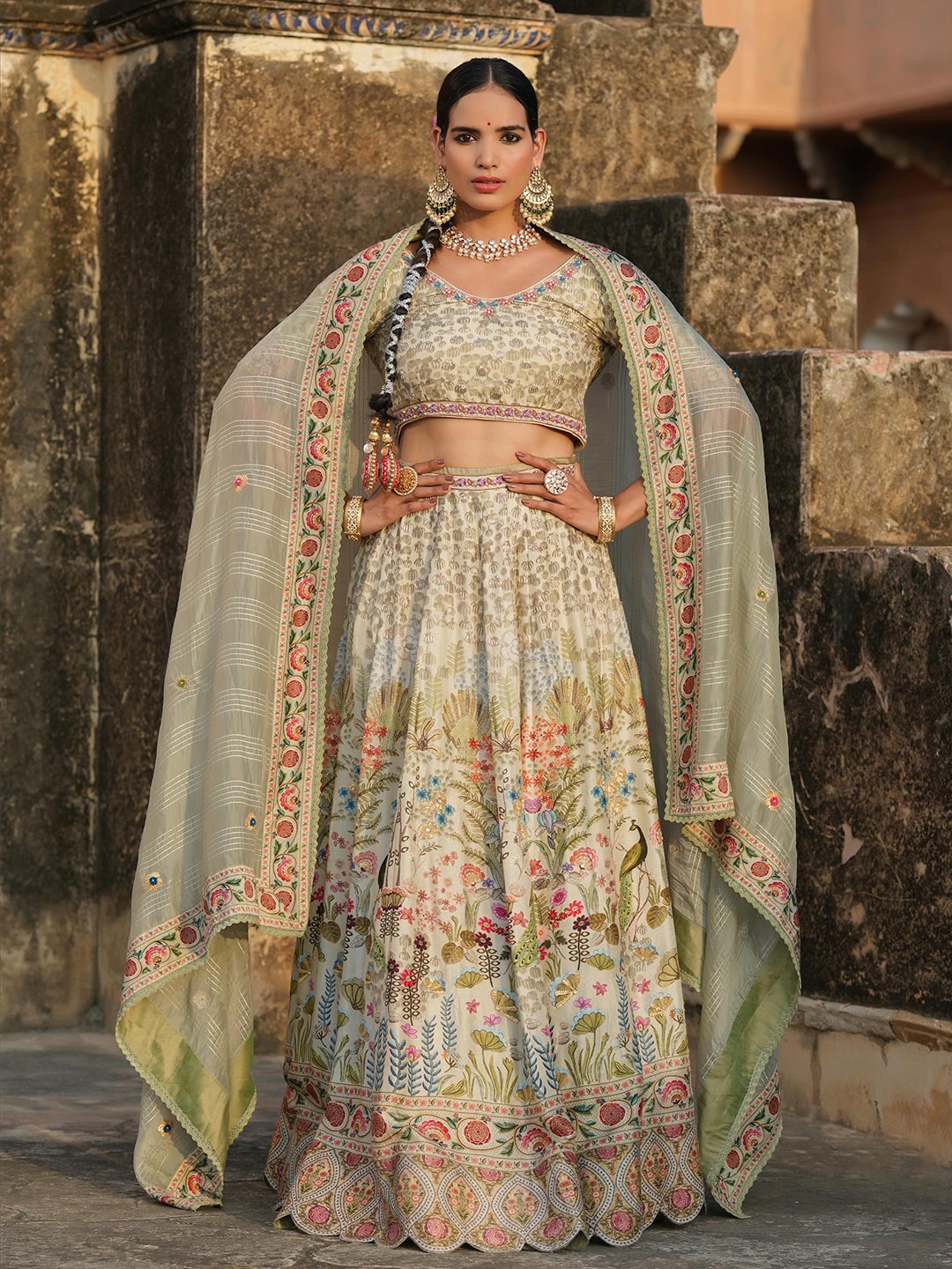 SCAKHI Green And Gold Toned Printed Ready to Wear Lehenga And Blouse With Dupatta Price in India