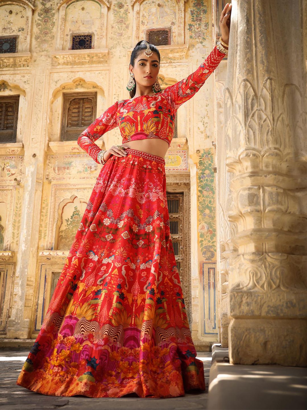 SCAKHI Red & Pink Printed Sequinned Ready to Wear Lehenga & Choli Price in India