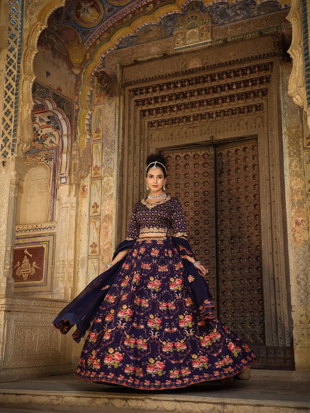 SCAKHI Navy Blue & Green Printed Ready to Wear Lehenga & Blouse With Dupatta Price in India