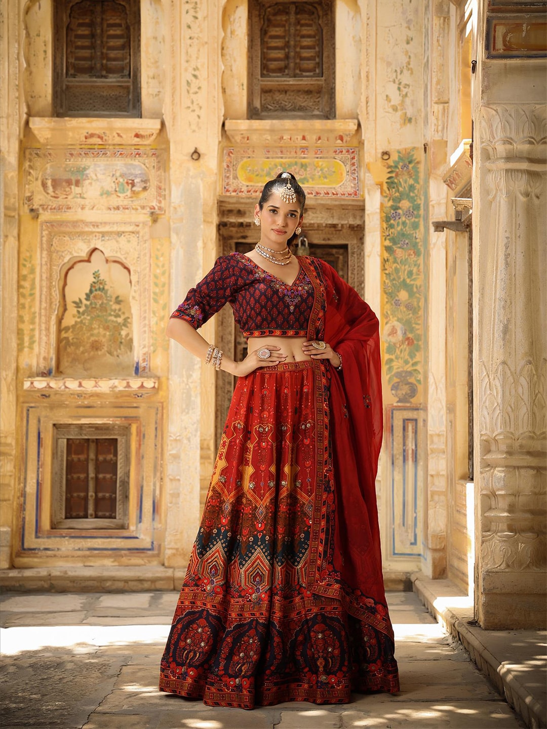 SCAKHI Maroon & Blue Printed Thread Work Ready to Wear Lehenga & Blouse With Dupatta Price in India