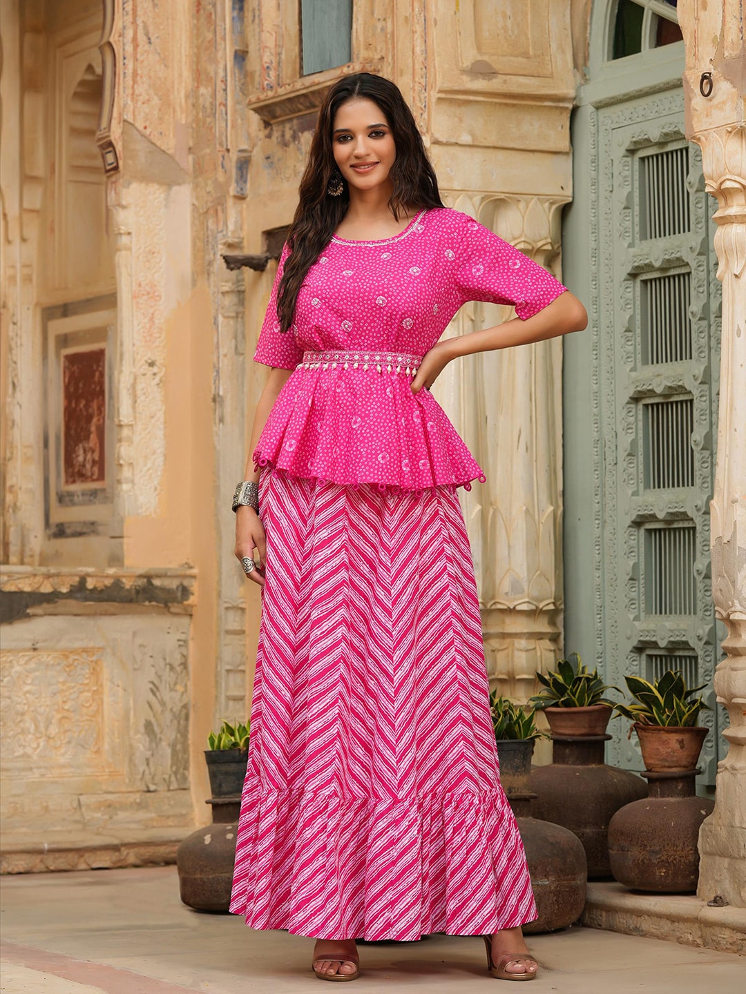 SCAKHI Pink & White Printed Ready to Wear Lehenga & Choli Price in India