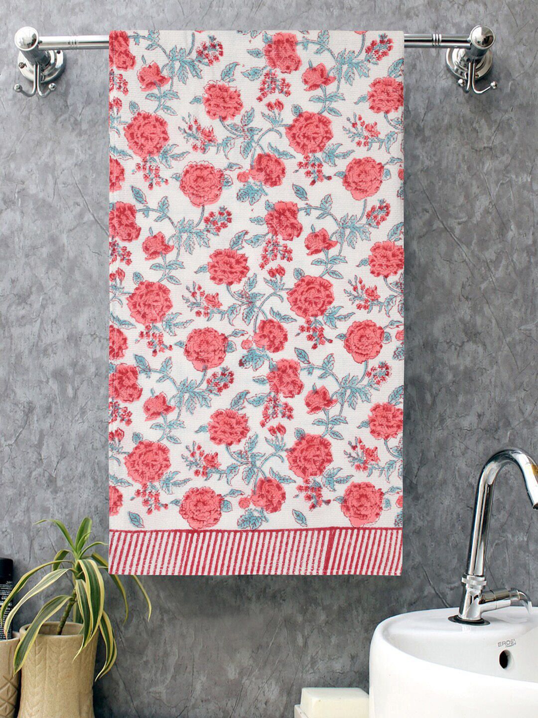 Gulaab Jaipur Pink & Cream Handblocked Printed 400 GSM Cotton Bath Towels Price in India