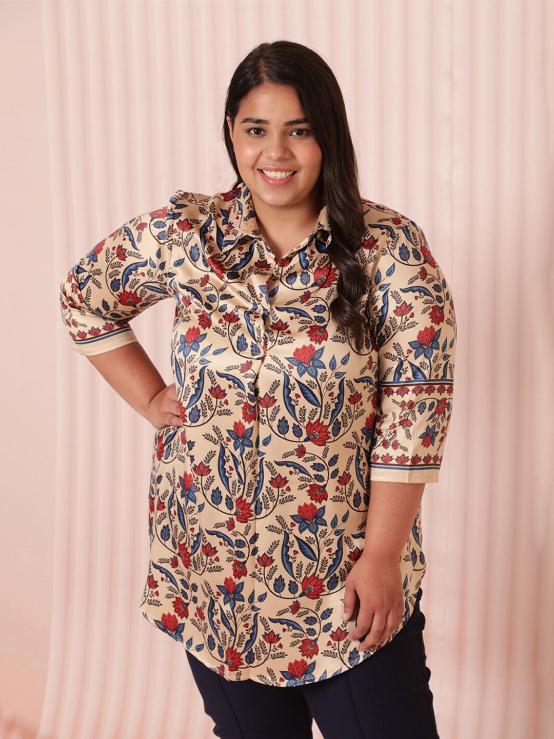 Amydus Women Plus Size Beige & Red Floral Printed Shirt Style Top Price in India