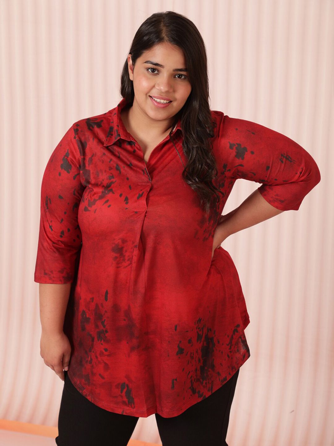 Amydus Women Plus Size Red & Black Printed Shirt Style Top Price in India