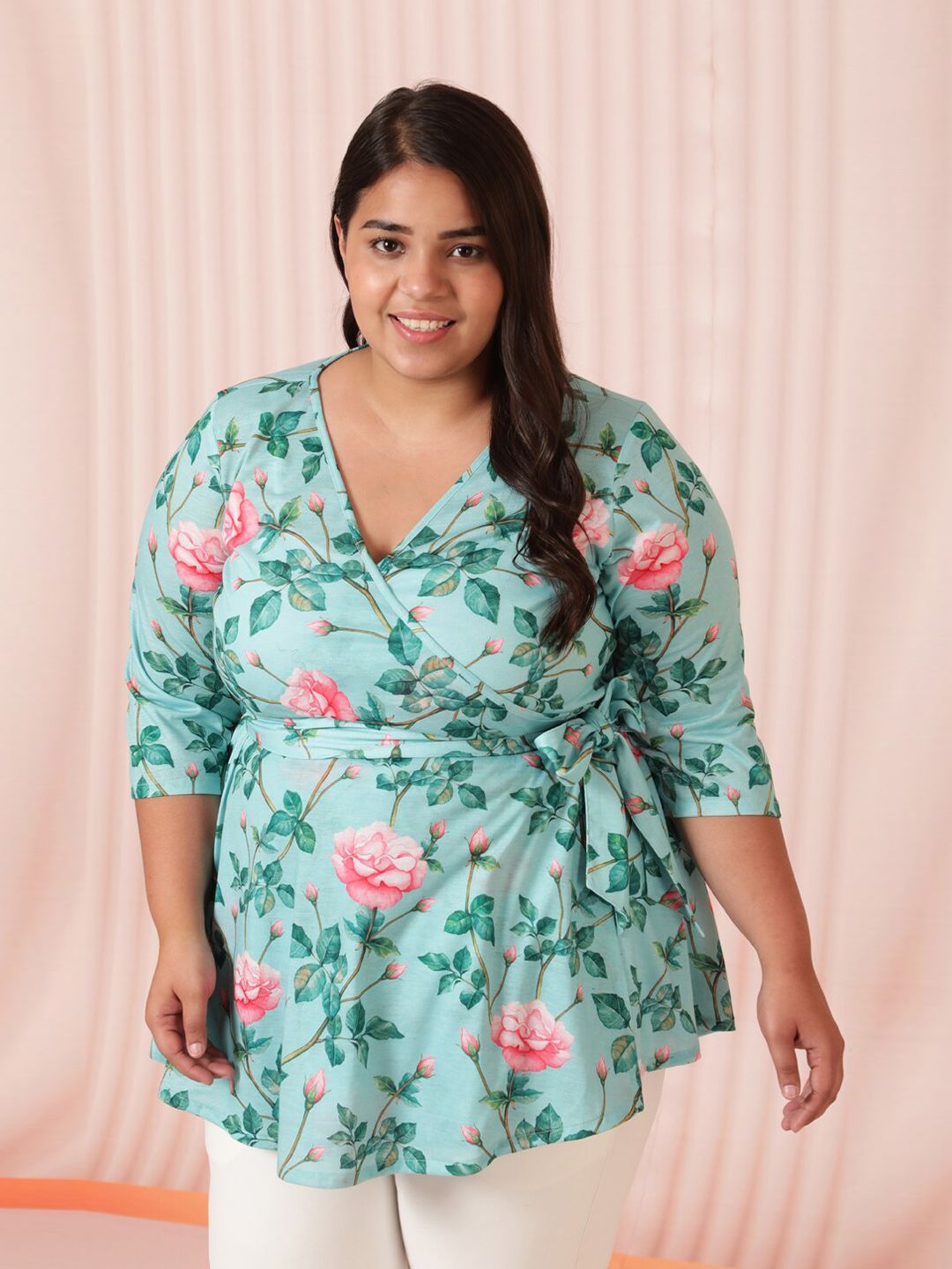Amydus Women Plus Size Green & Pink Floral Printed Wrap Top Price in India