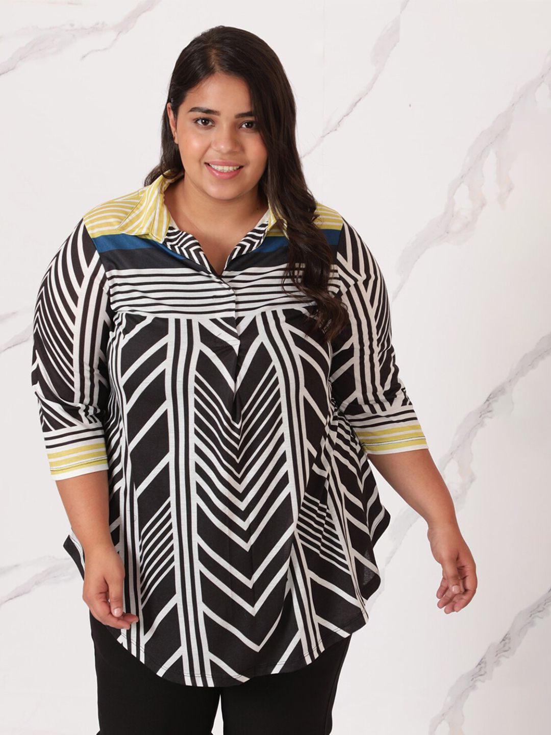 Amydus Women Plus Size Black & White Geometric Print Shirt Style Top Price in India